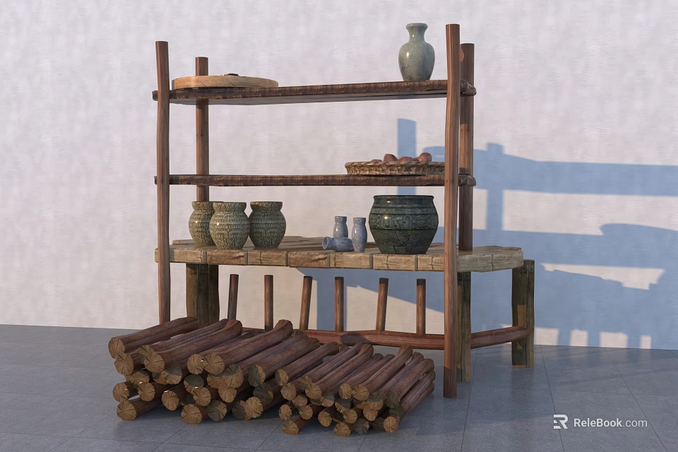 Rustic Wooden Shelving Unit with Vase Clay Pots Wicker Basket and Firewood Logs 3d model 