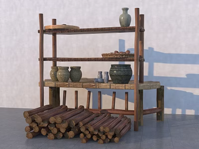 Rustic Wooden Shelving Unit with Vase Clay Pots Wicker Basket and Firewood Logs 3d model