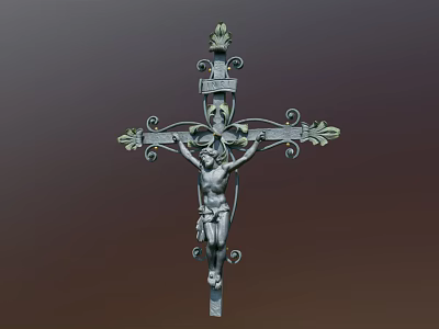 Vintage Metal Decorative Ornament Set With Crucifix Cross Figure And Ornamental Floral Scrollwork 3d model