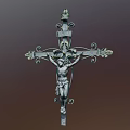 Vintage Metal Decorative Ornament Set With Crucifix Cross Figure And Ornamental Floral Scrollwork