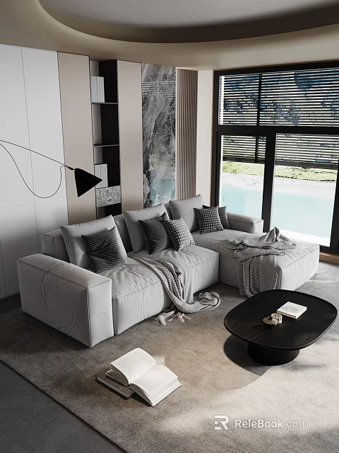 Modern Living Room Interior With Gray Sofa Gray Pillows And Floor To Ceiling Windows 3d model 