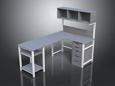 Modern Gray and White Office Desk with Drawer Cabinet and Overhead Shelves 3d model