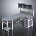 Modern Gray and White Office Desk with Drawer Cabinet and Overhead Shelves