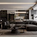 Elegant Modern Dining Living Room Interior With Marble Counter Dining Table And Pendant Lights