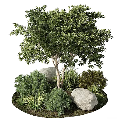 Lush Natural Garden Landscape With Green Tree Shrubs Rocks and Grasses 3d model