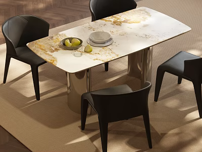 Modern Rectangular Dining Table Set With Marble Tabletop And Black Metal Legs Chairs 3d model