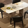 Modern Rectangular Dining Table Set With Marble Tabletop And Black Metal Legs Chairs 3d model