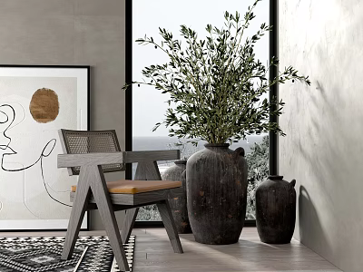 Elegant Leisure Chair With Wooden Frame Rattan Back And Leather Seat Near Olive Plant Decor 3d model