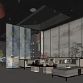 Chinese Style Lounge Area With Glass Screen Landscape Painting Sofa Set And Pendant Light