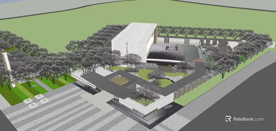 Modern Architectural Structure With Surrounding Trees And Open Green Garden Space 3d model 