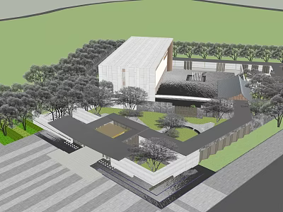 Modern Architectural Structure With Surrounding Trees And Open Green Garden Space 3d model