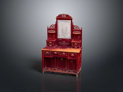 Ornate Red Traditional Wooden Dressing Table With Carved Mirror Drawers And Cabinets 3d model