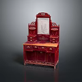 Ornate Red Traditional Wooden Dressing Table With Carved Mirror Drawers And Cabinets