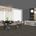 Elegant Modern Restaurant Interior With Chandelier Dining Table Chairs And Bar Counter