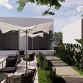Garden Decorations For Outdoor Patio With Wooden Chairs Trees Water Feature And Stone Flooring