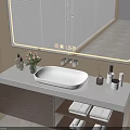 Modern Bathroom Vanity With Mirror White Sink Wooden Cabinet Towels Toiletries And Blinds