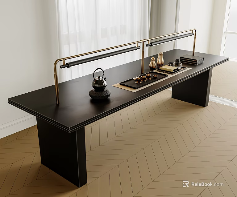 Elegant Modern Tea Table and Chairs with Black Tabletop Brass Frame and Tea Set 3d model 