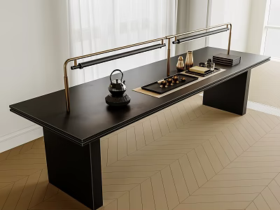 Elegant Modern Tea Table and Chairs with Black Tabletop Brass Frame and Tea Set 3d model