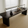 Elegant Modern Tea Table and Chairs with Black Tabletop Brass Frame and Tea Set 3d model
