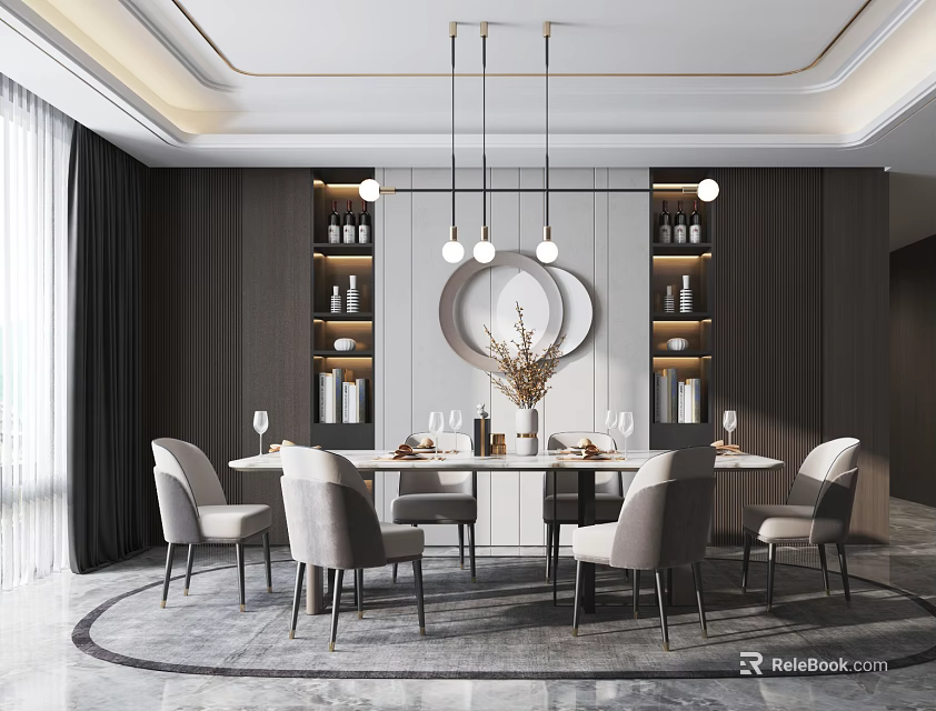 Modern Restaurant Featuring Dining Table Chairs Tableware Vase Open Shelves Wine Bottles Pendant Lights 3d model 