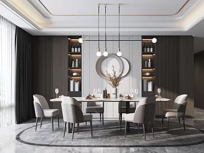 Modern Restaurant Featuring Dining Table Chairs Tableware Vase Open Shelves Wine Bottles Pendant Lights 3d model