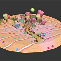 Vibrant Cartoon Scene With Circular Platform Pink Mushrooms Small Houses Colorful Trees Spots And Stripes