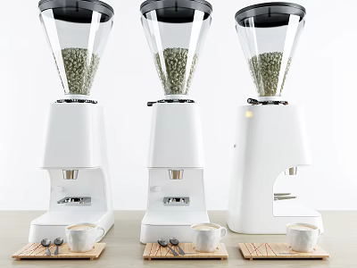 Three White Coffee Grinders Kitchen Tools with Transparent Bean Hoppers Cups and Wooden Trays 3d model