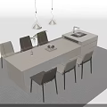Modern Dining Table Set With Six Chairs Hanging Pendant Lights And Decorative Items