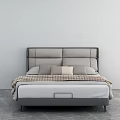 Modern Double Bed with Grey Grid Headboard and Plush Cushions Checkered Blanket Light Bedding 3d model