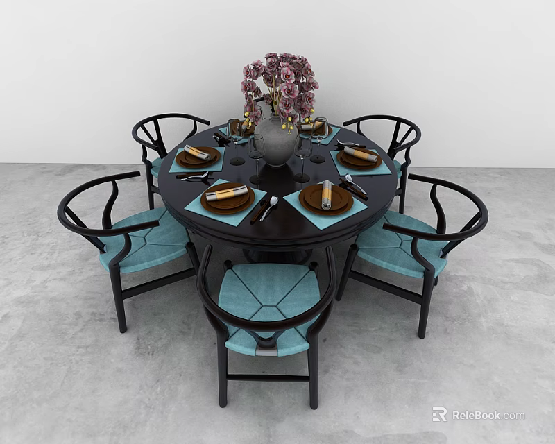 Round Dining Table Set With Curved Back Chairs Light Blue Cushions Vase Purple Flowers Tableware 3d model 