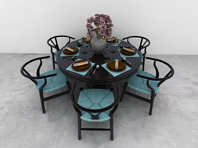 Round Dining Table Set With Curved Back Chairs Light Blue Cushions Vase Purple Flowers Tableware 3d model