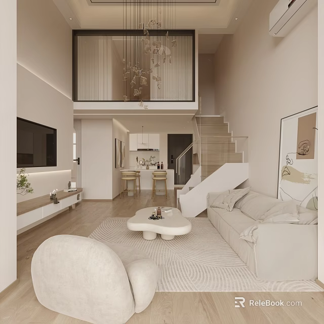 Modern Duplex Apartment With Living Room Sofa Coffee Table And Chandelier 3d model 