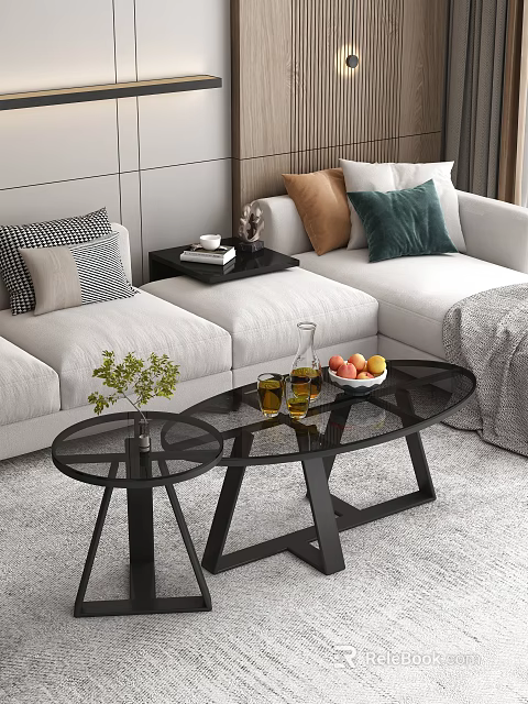 Modern Living Room Black Metal Frame Glass Top Coffee Table With Green Plant Fruit Bowl 3d model 