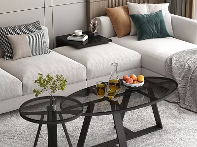Modern Living Room Black Metal Frame Glass Top Coffee Table With Green Plant Fruit Bowl 3d model