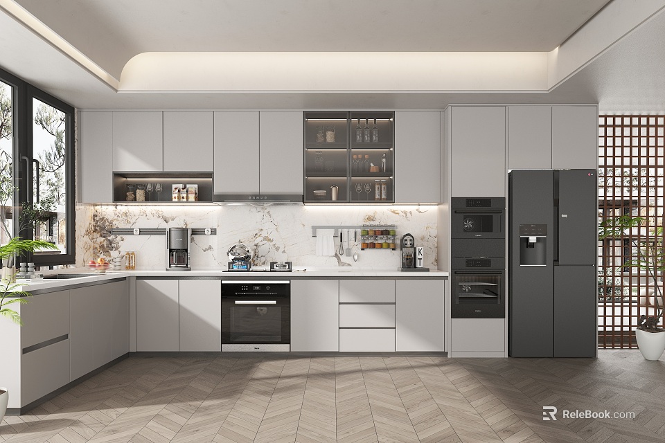 Modern Kitchen Interior With White Cabinets Marble Countertop Window And Appliances 3d model 