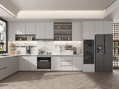 Modern Kitchen Cabinet Range Hood Stove Refrigerator Oven Green Plant Vegetable Washing Basin 3d model