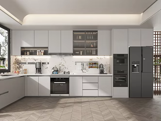 Modern Kitchen Cabinet Range Hood Stove Refrigerator Oven Green Plant Vegetable Washing Basin 3d model
