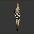Antique Golden Sword With Curved Blade Decorative Hilt And Reflection On Dark Surface