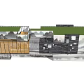 Modern Commercial Complex With Glass Curtain Wall And Wooden Elements Against Landscape Background