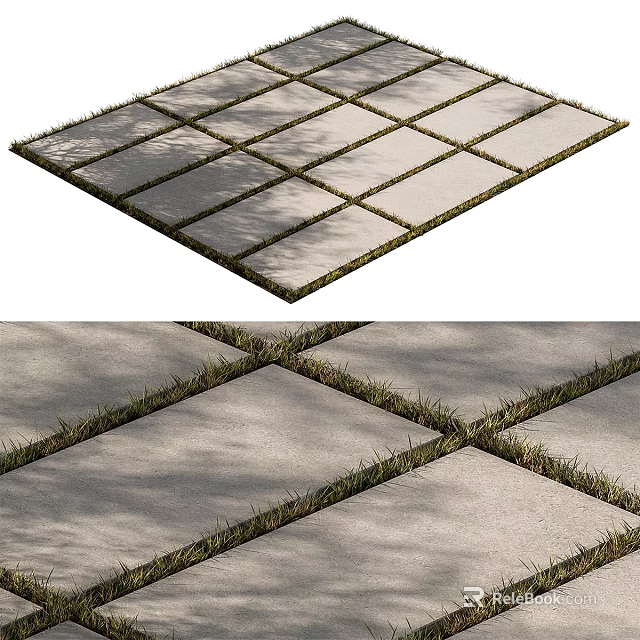 Durable Gray Square Patio Tiles With Grass Growing In Gaps And Shaded Surface 3d model 