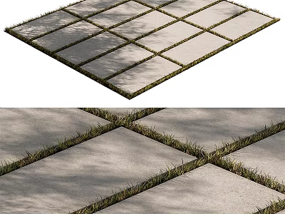 Durable Gray Square Patio Tiles With Grass Growing In Gaps And Shaded Surface 3d model