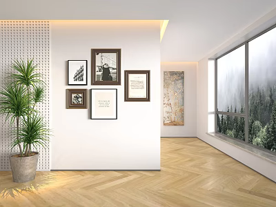 Modern Interior Design With Framed Artworks Potted Plant Herringbone Wooden Floor And Large Window 3d model