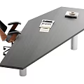 Modern Office Desk With Dark Wooden Surface Silver Legs Ergonomic Chair Telephone Documents And Tray
