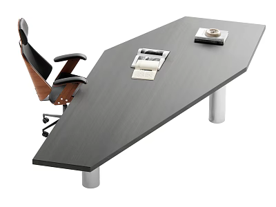 Modern Office Desk With Dark Wooden Surface Silver Legs Ergonomic Chair Telephone Documents And Tray 3d model