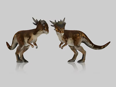 Reptile Figurines Two Horned Dinosaurs in Confrontation Brown and Gold with Reflections on Gray Background 3d model