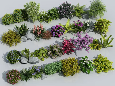 Various Flowers And Plants With Diverse Colors Shapes Surrounded By Stones 3d model