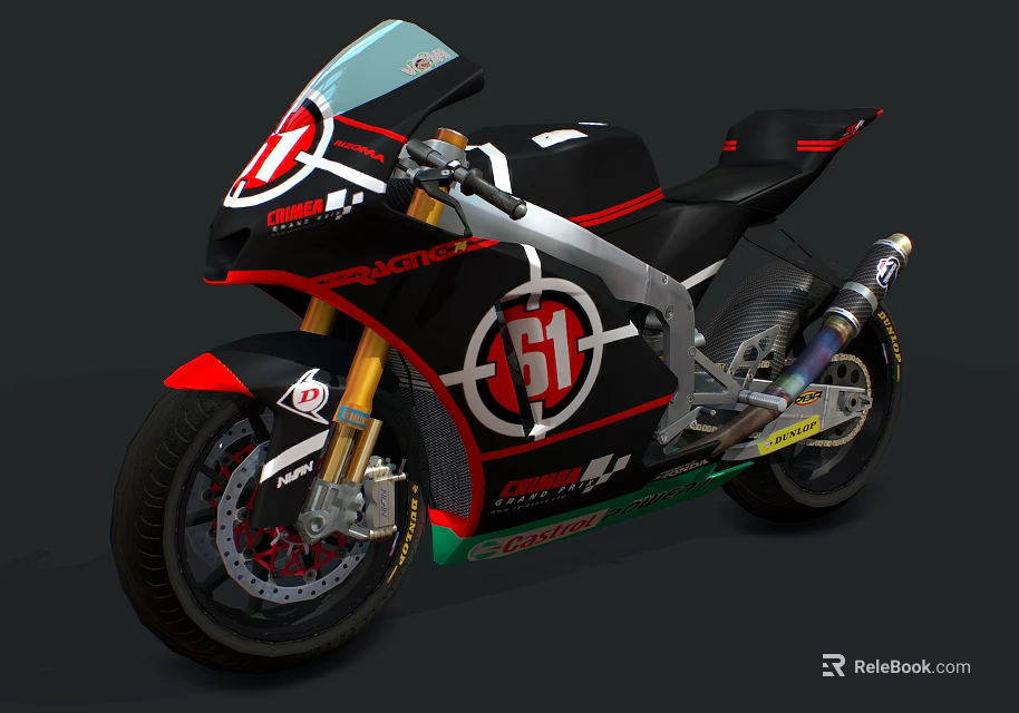 Black Sport Motorcycle with Red White Accents Number 51 Gold Forks Green Stripes Black Seat 3d model 