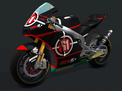 Black Sport Motorcycle with Red White Accents Number 51 Gold Forks Green Stripes Black Seat 3d model