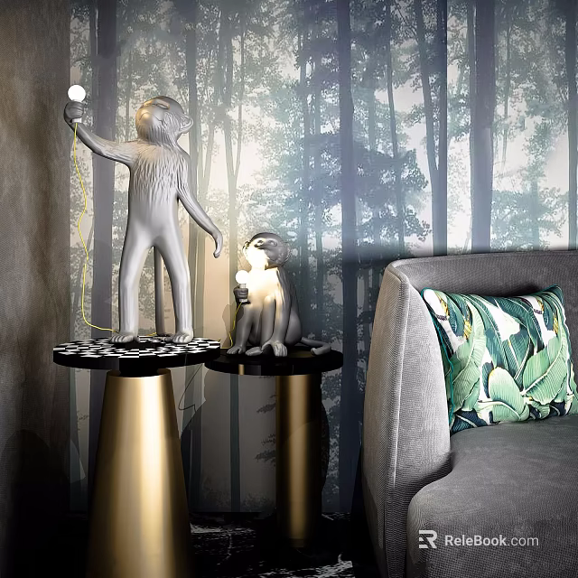 Unique Shaped Monkey Table Lamps With Gold Black Base In Forest Patterned Interior 3d model 