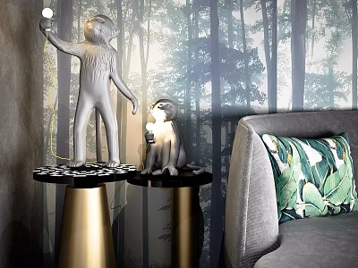 Unique Shaped Monkey Table Lamps With Gold Black Base In Forest Patterned Interior 3d model